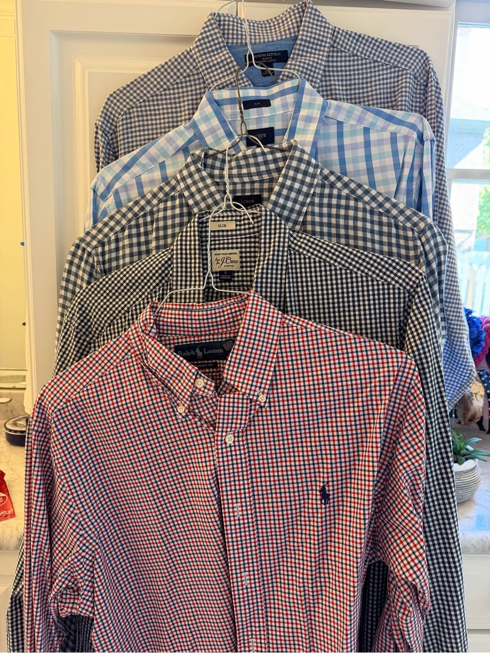 Lot of 5 - JCrew, BR Ralph Lauren Men’s Red Check Button-Down Shirts